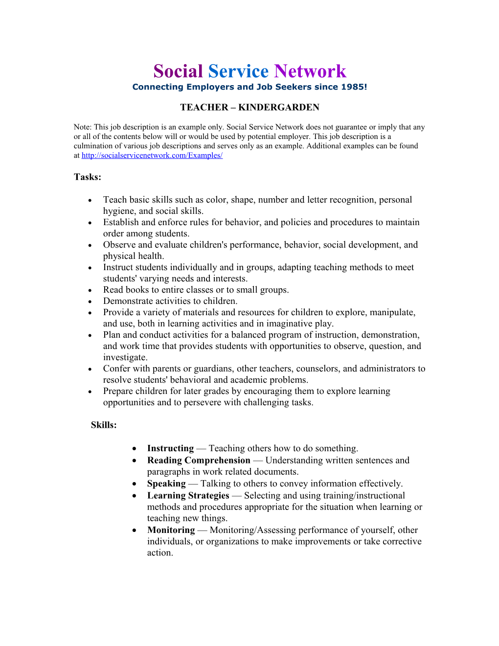 Teacher Kindergarden Job Description