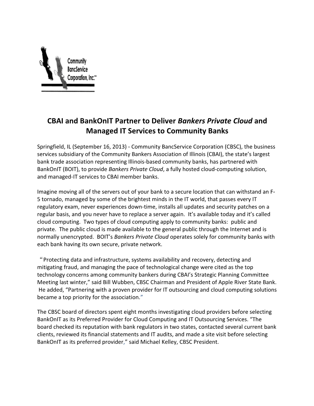CBAI and Bankonit Partner to Deliver Bankers Private Cloud and Managed IT Services To