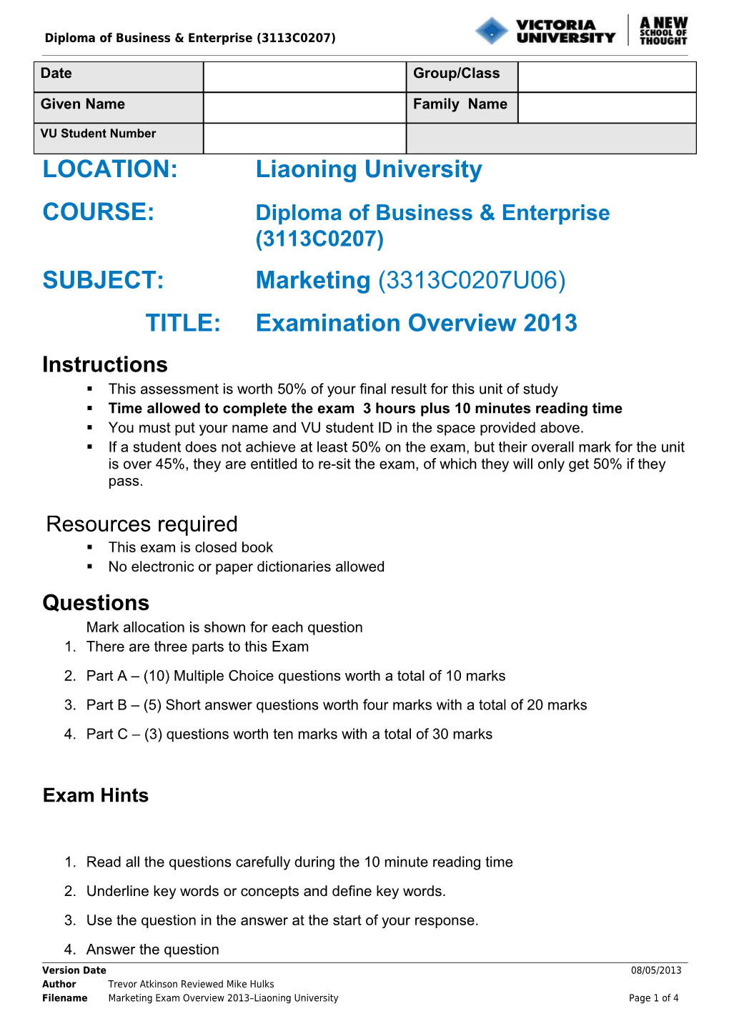 COURSE: Diploma of Business & Enterprise (3113C0207)