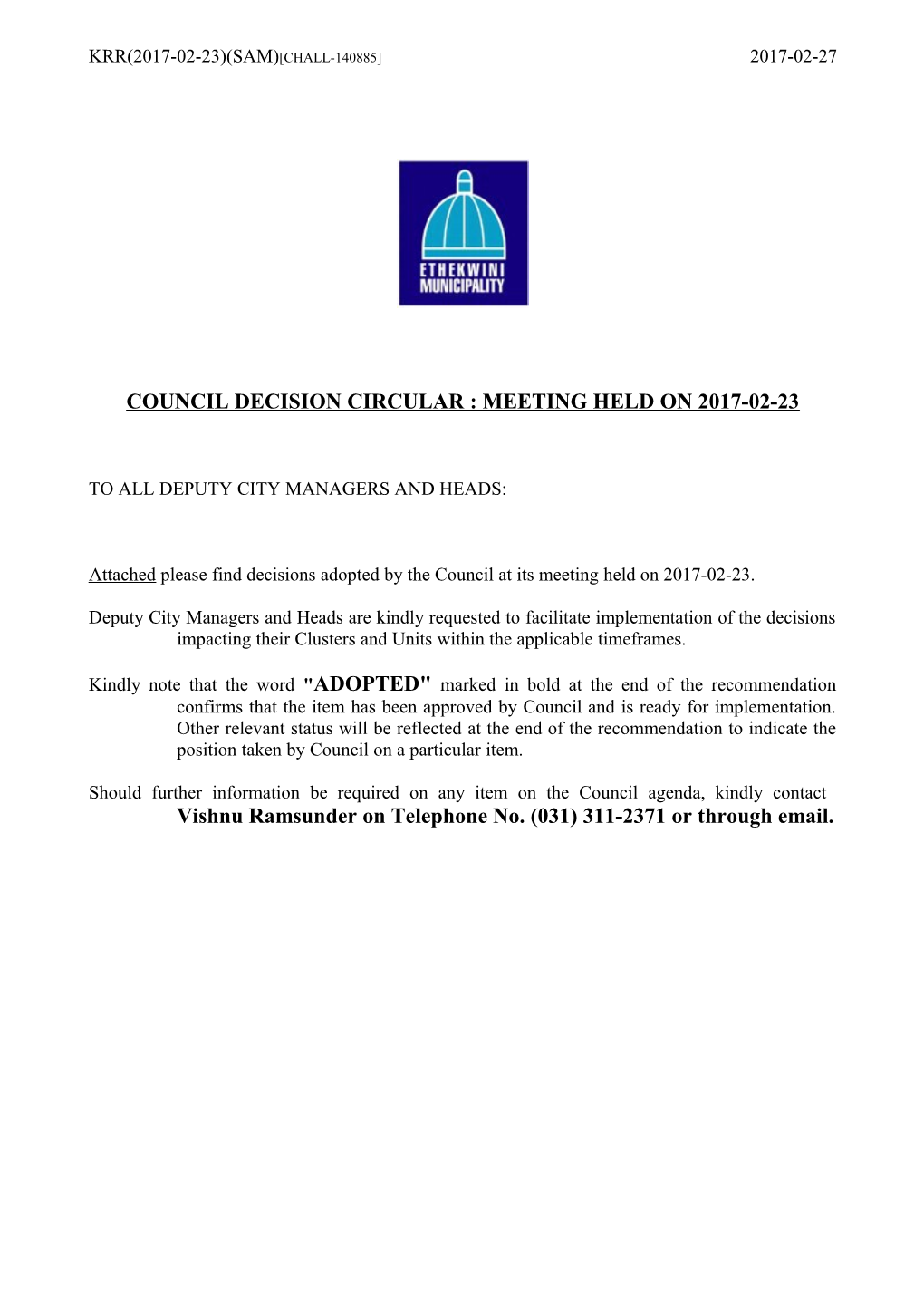 Council Decision Circular : Meeting Held on 2017-02-23