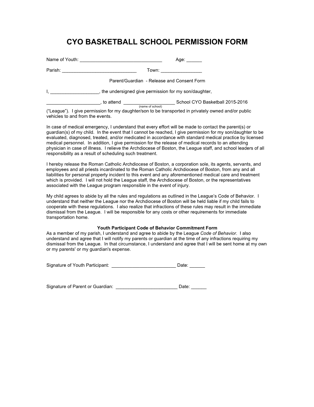 Cyo Basketball School Permission Form