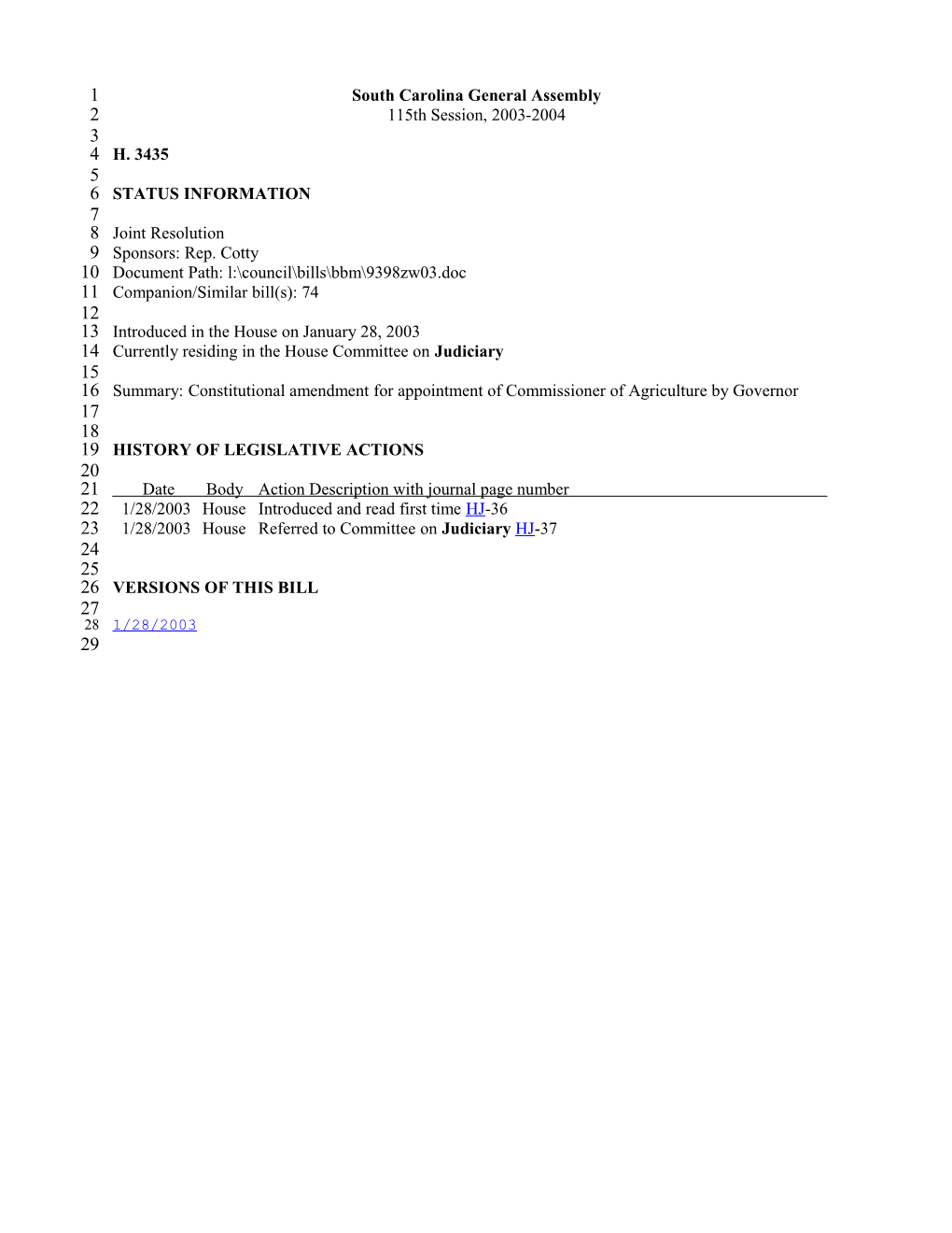 2003-2004 Bill 3435: Constitutional Amendment for Appointment of Commissioner of Agriculture