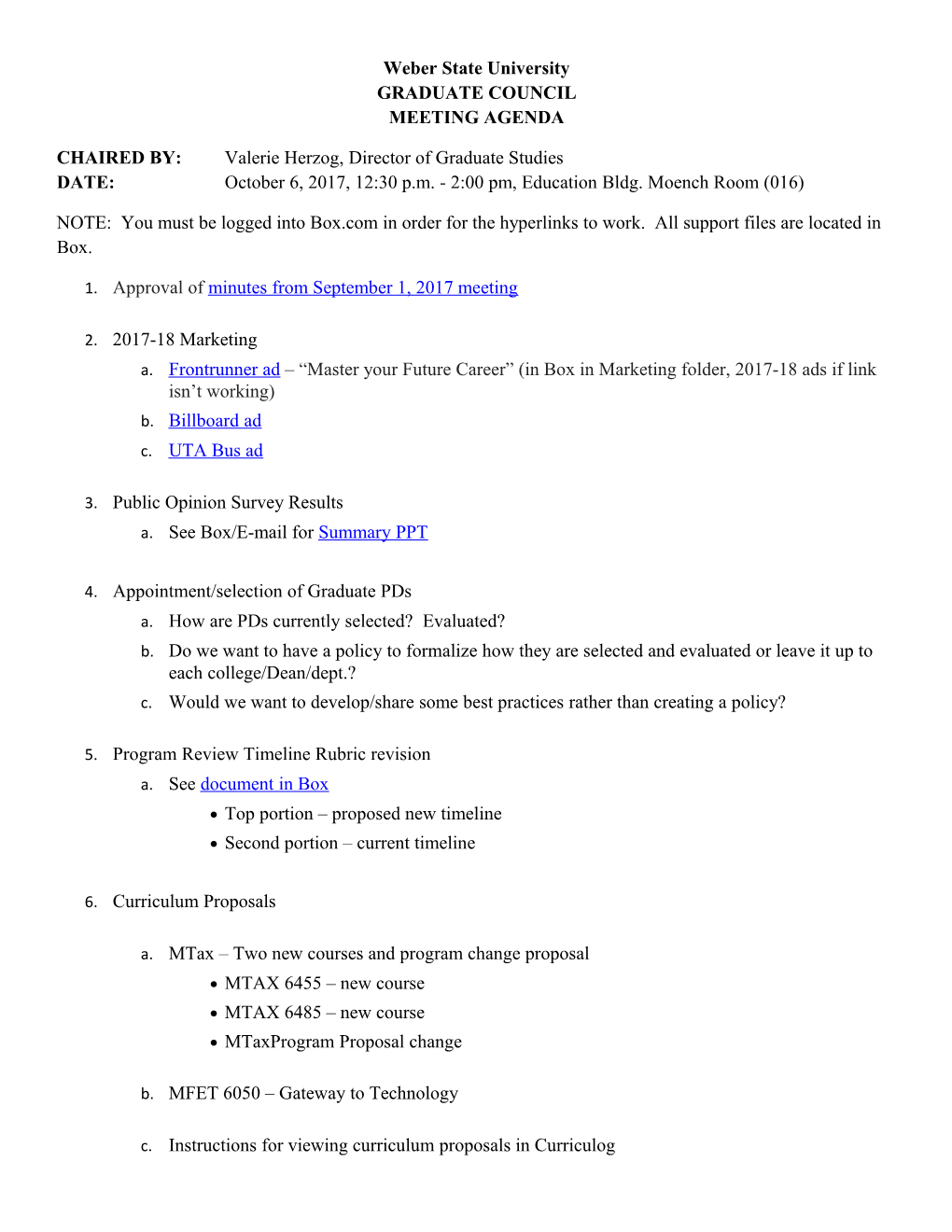 Weber State University GRADUATE COUNCIL MEETING AGENDA