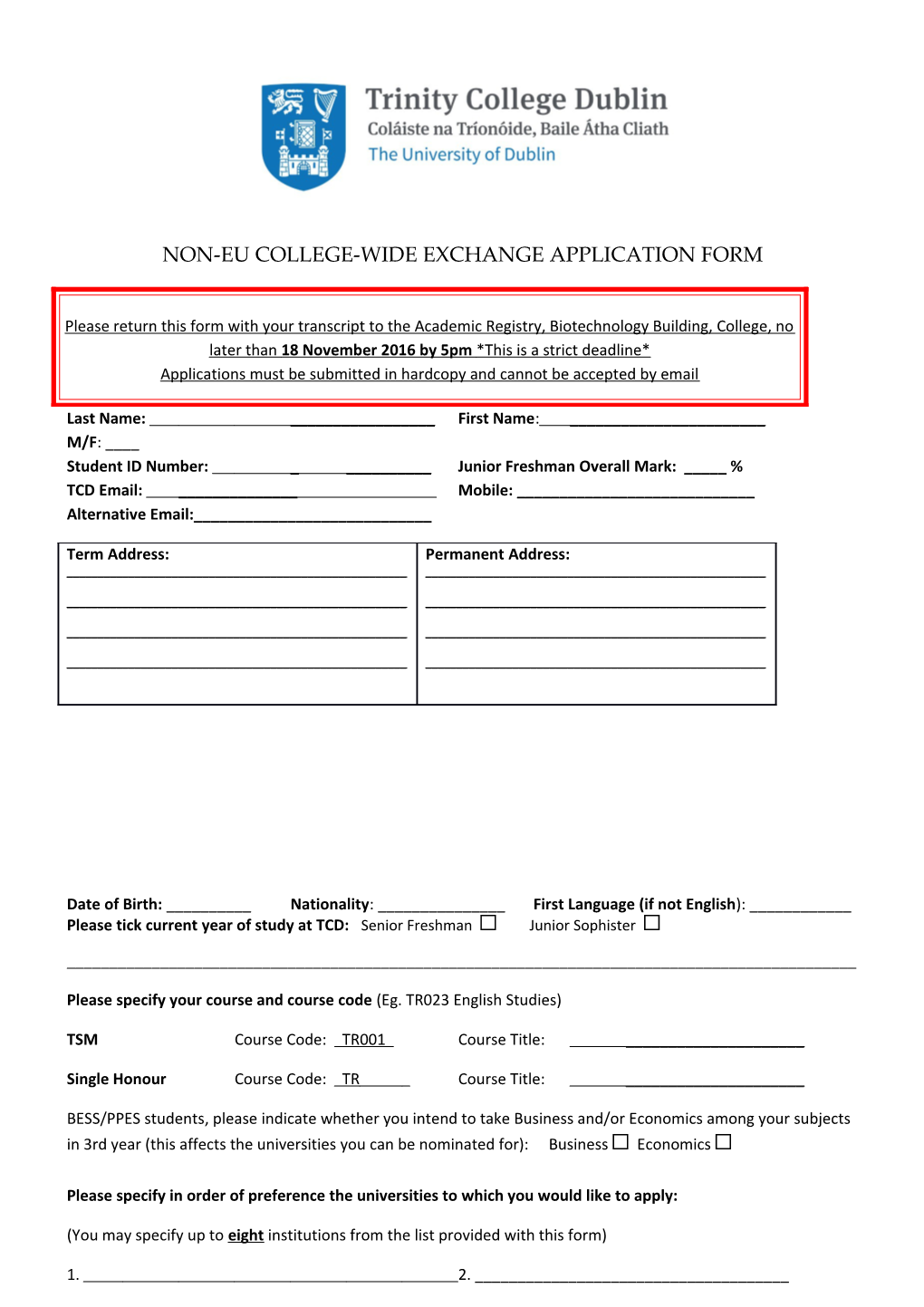 Non-Eu College-Wide Exchange Application Form