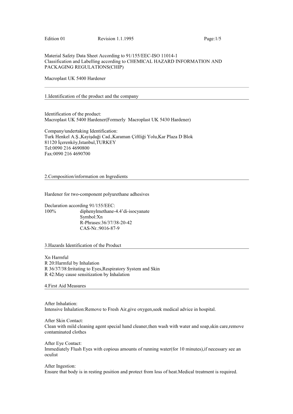 Material Safety Data Sheet According to 91/155/EEC-ISO 11014-1