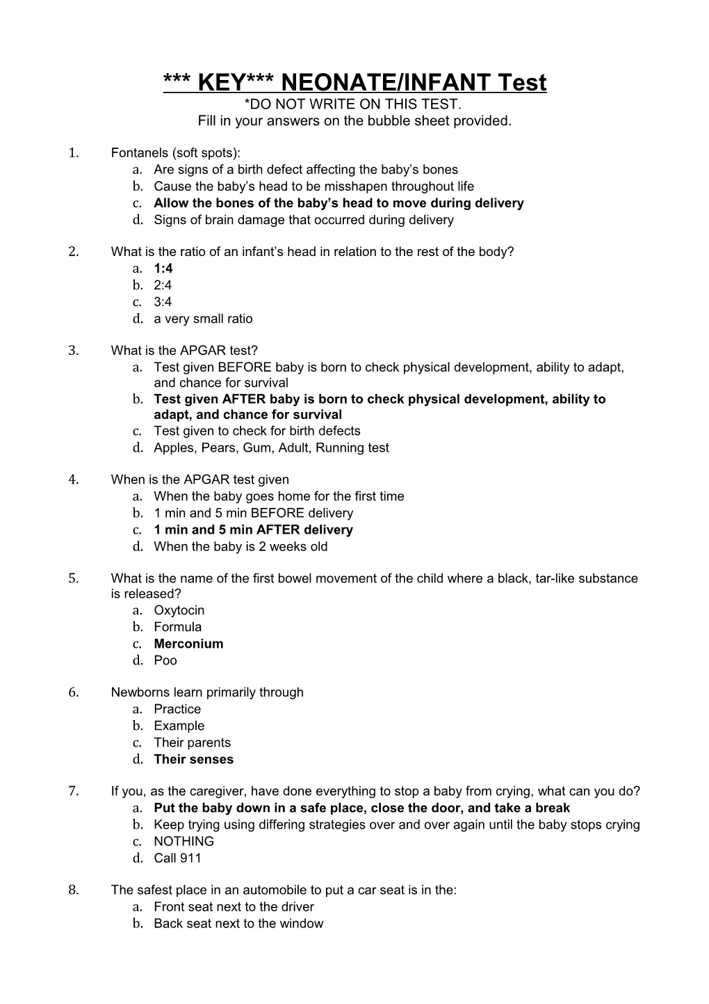 KEY NEONATE/INFANT Test