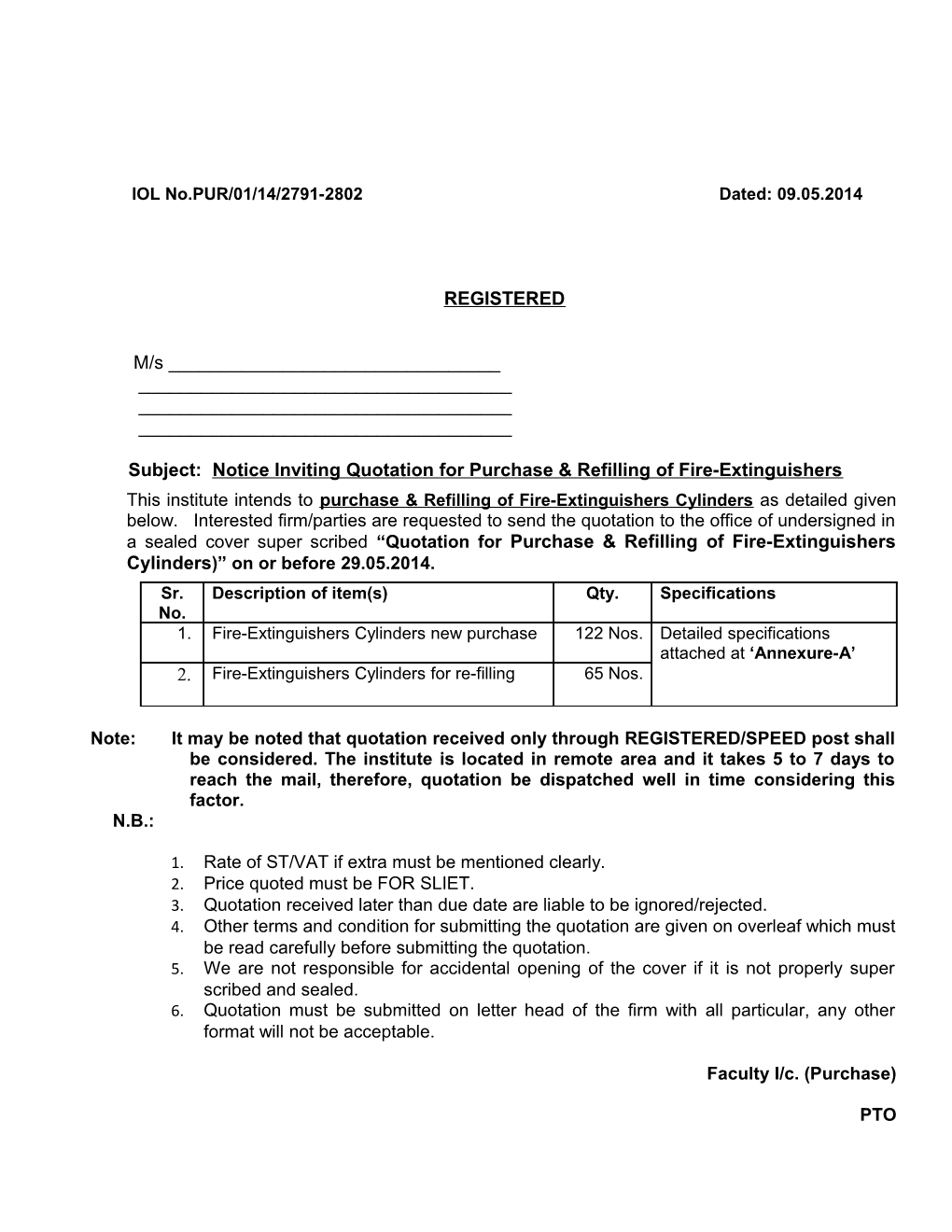 Subject:Notice Inviting Quotation for Purchase & Refilling of Fire-Extinguishers