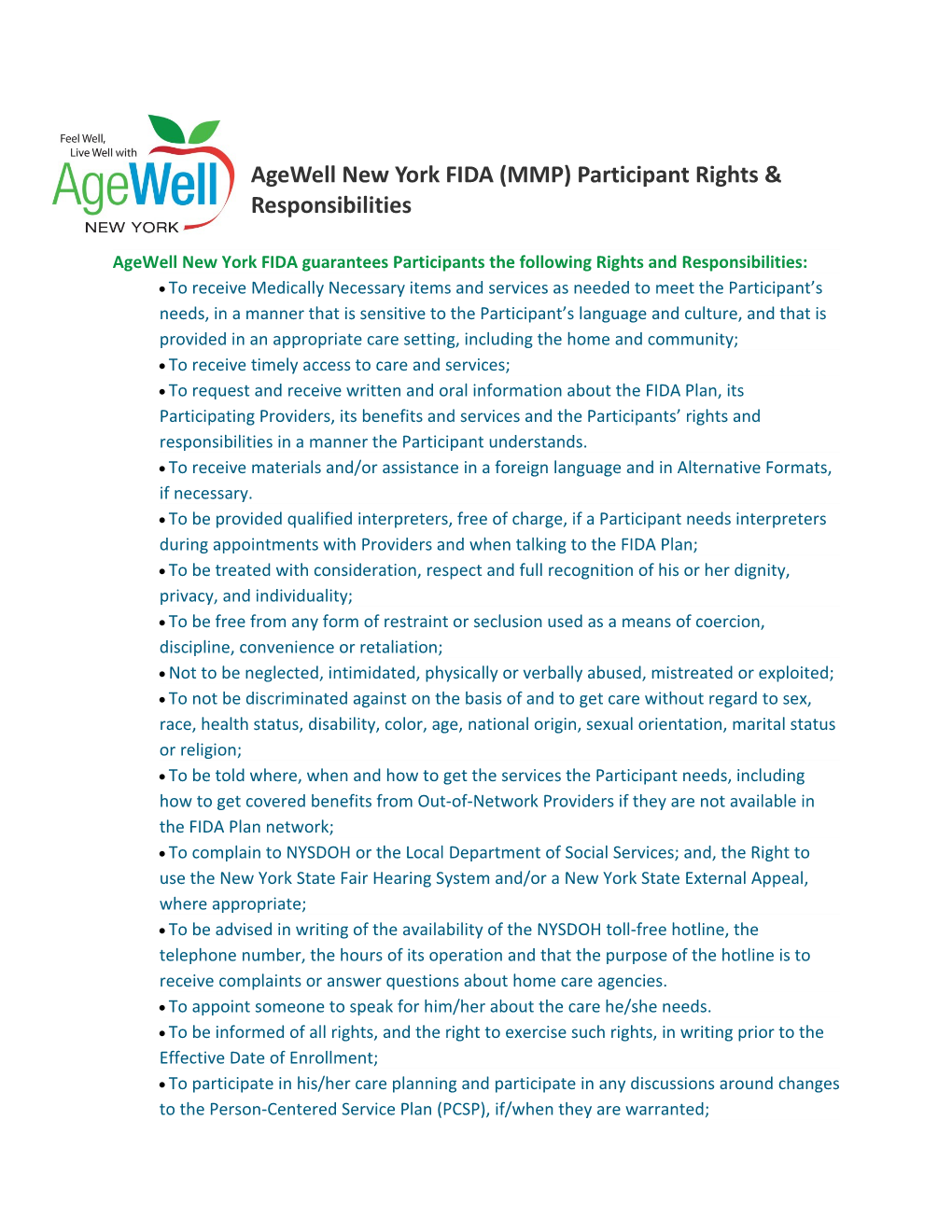 Agewell New York FIDA (MMP) Participant Rights & Responsibilities