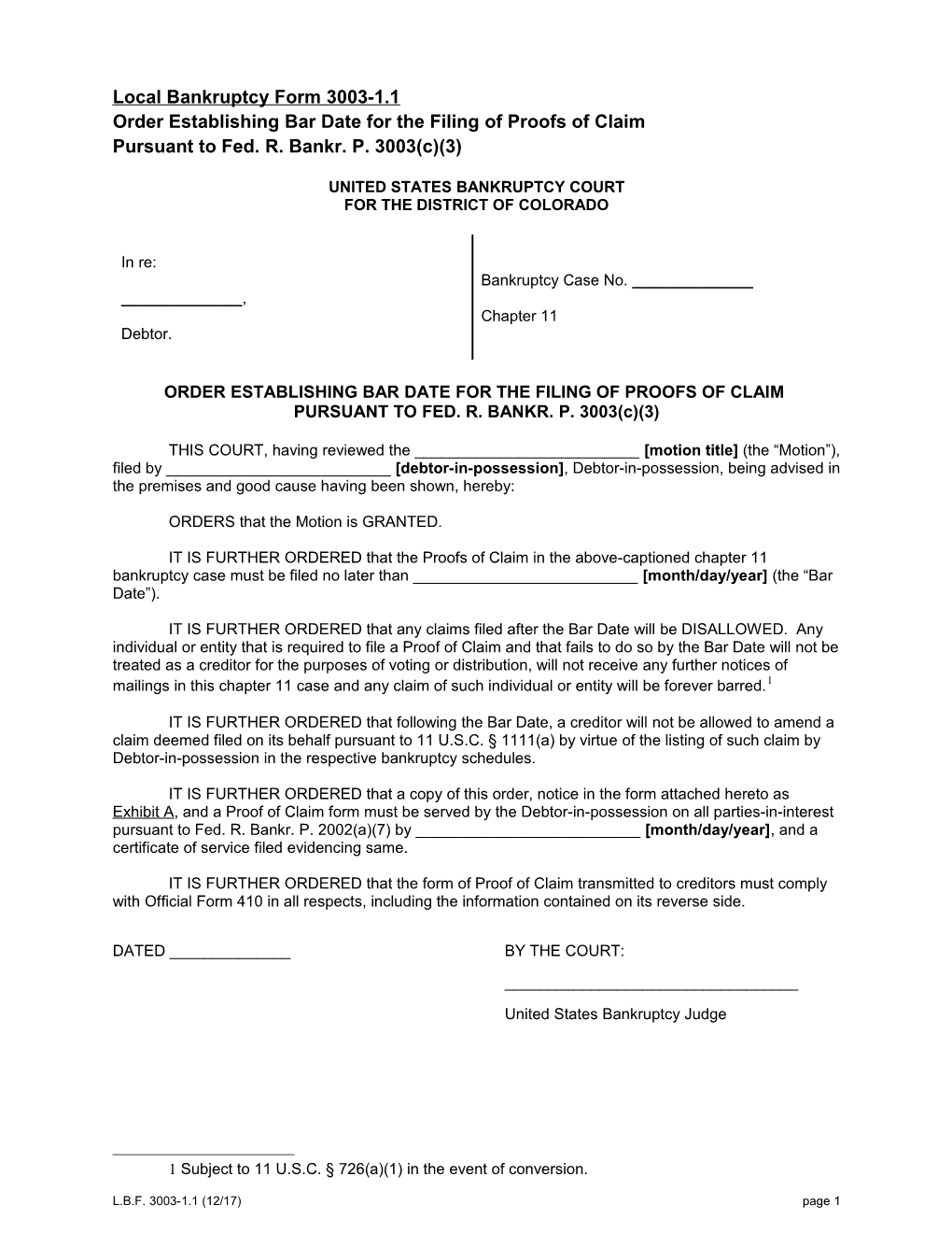 Order Establishing Bar Date for the Filing of Proofs of Claim