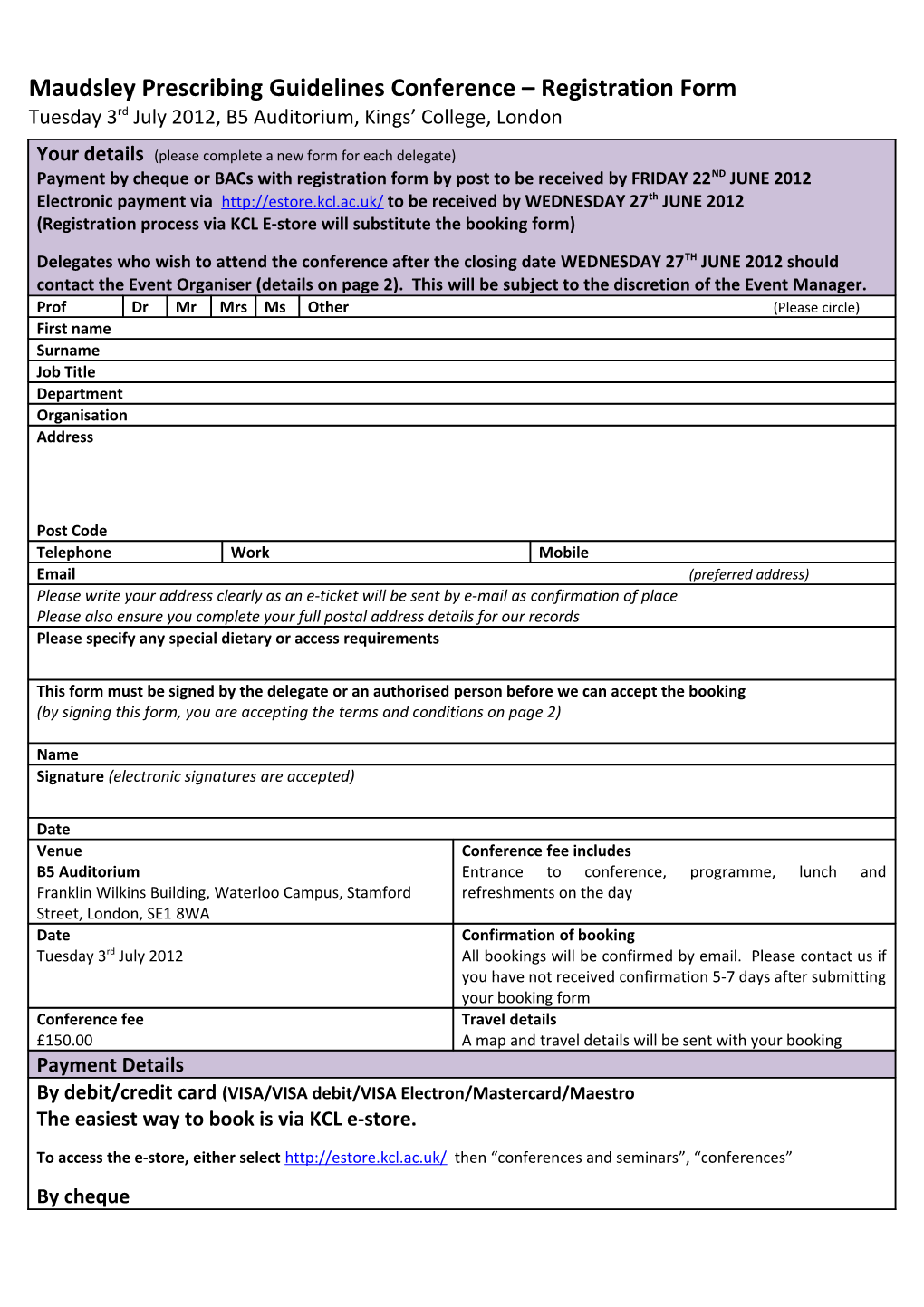 Maudsley Prescribing Guidelines Conference Registration Form