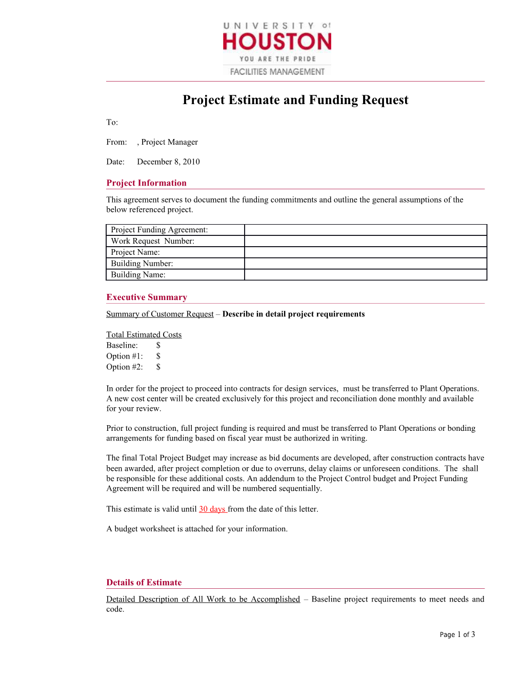 Project Estimate and Funding Request