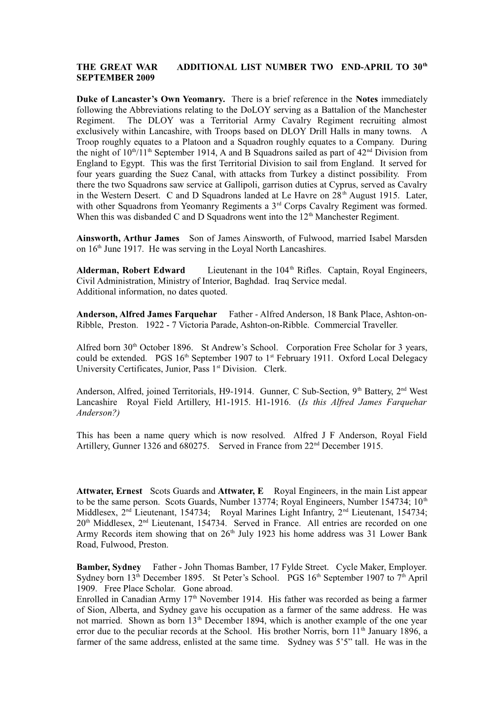 THE GREAT WAR ADDITIONAL LIST NUMBER TWO END-APRIL to 30Th SEPTEMBER 2009