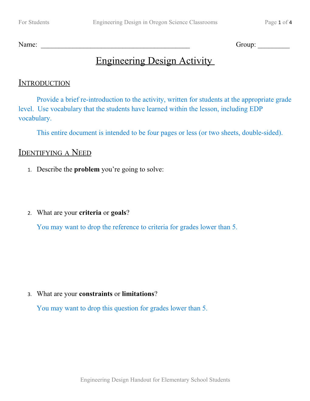 For Studentsengineering Design in Oregon Science Classroomspage 1 of 4