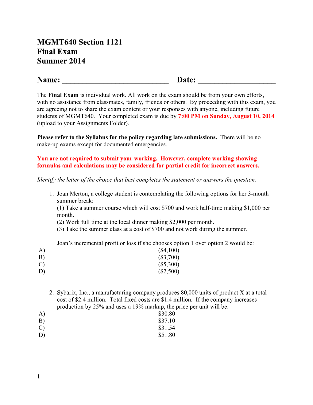 MGMT 640 Sample Final Exam 2