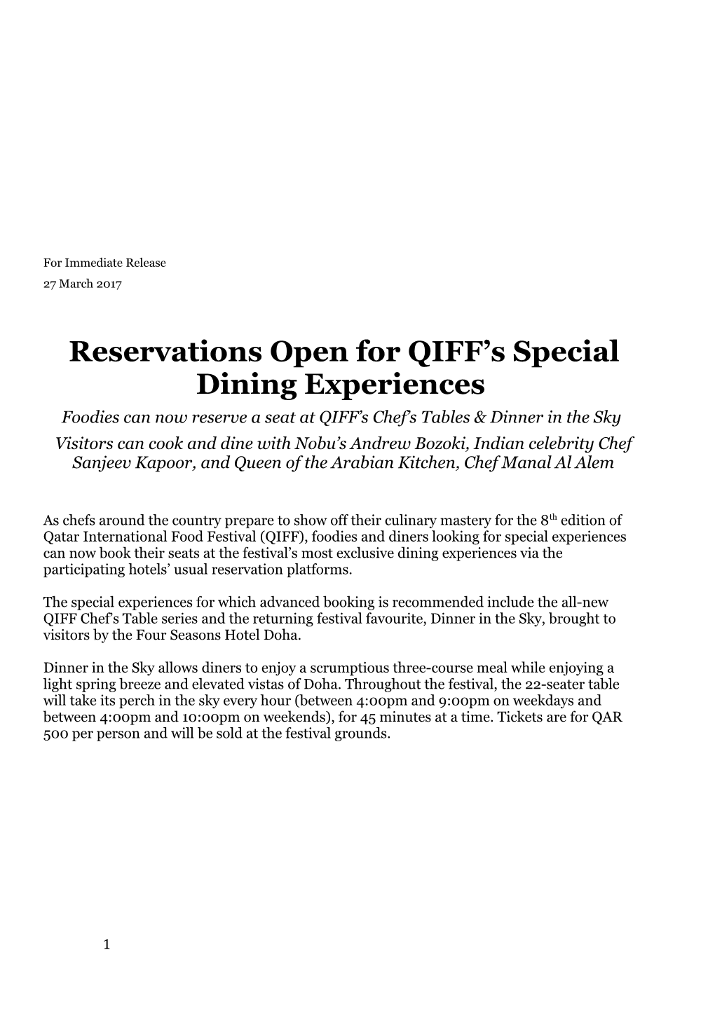 Reservations Open for QIFF S Special Diningexperiences