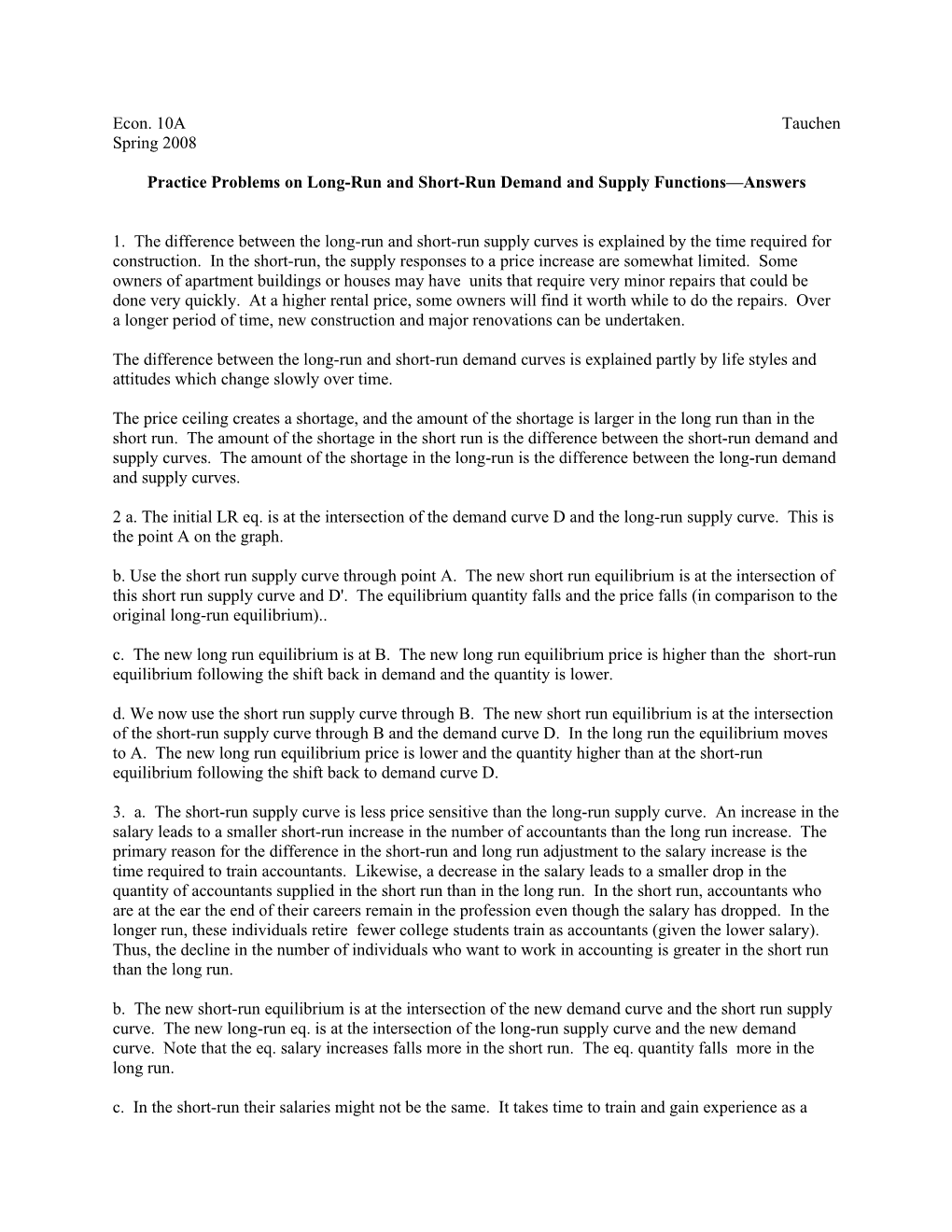 Practice Problems on Long-Run and Short-Run Demand and Supply Functions Answers