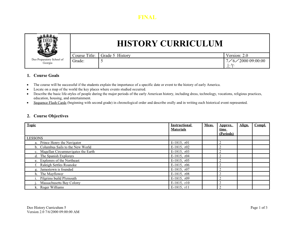 DEO History and Appreciation of Music I Curriculum