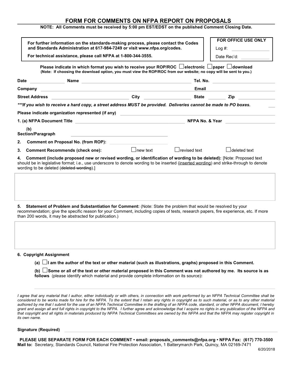 Form for Comments on Nfpa Report on Proposals