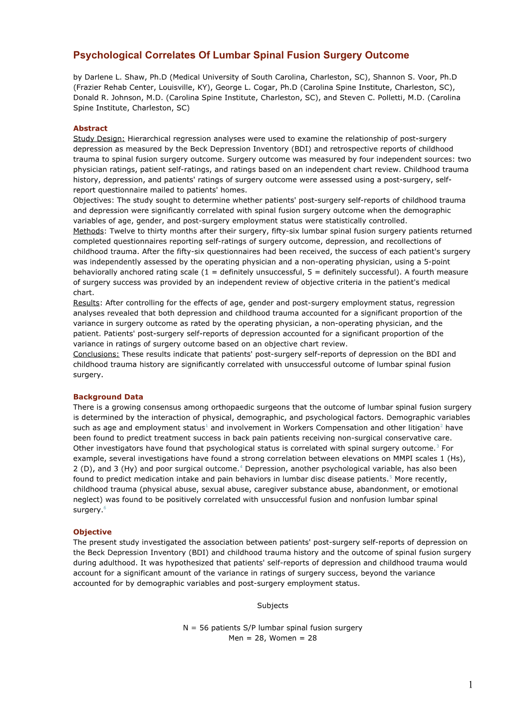 Psychological Correlates of Lumbar Spinal Fusion Surgery Outcome