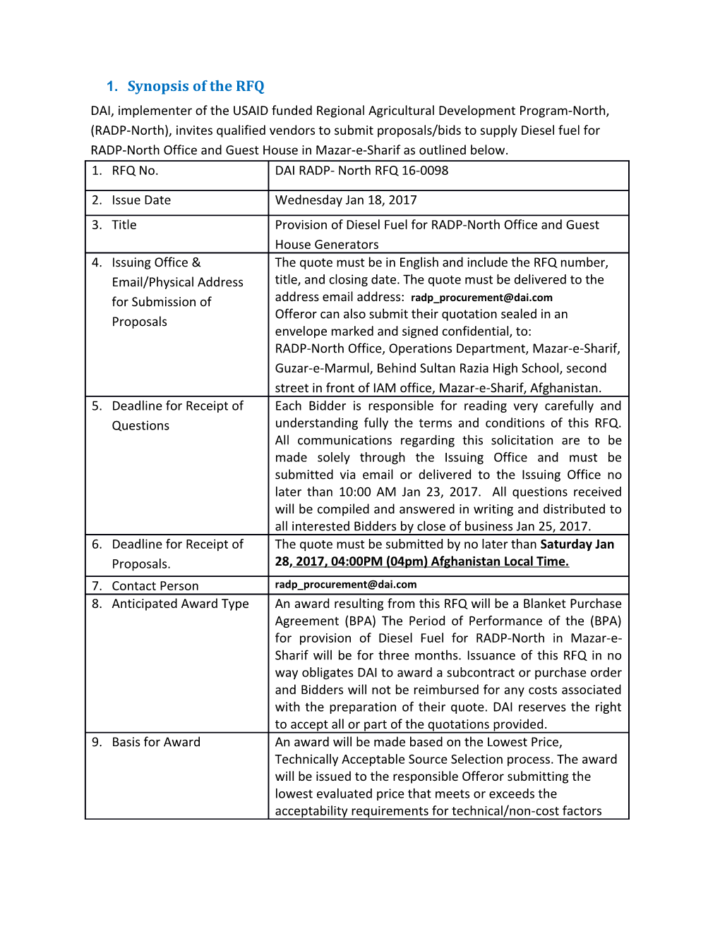 1.Synopsis of the RFQ