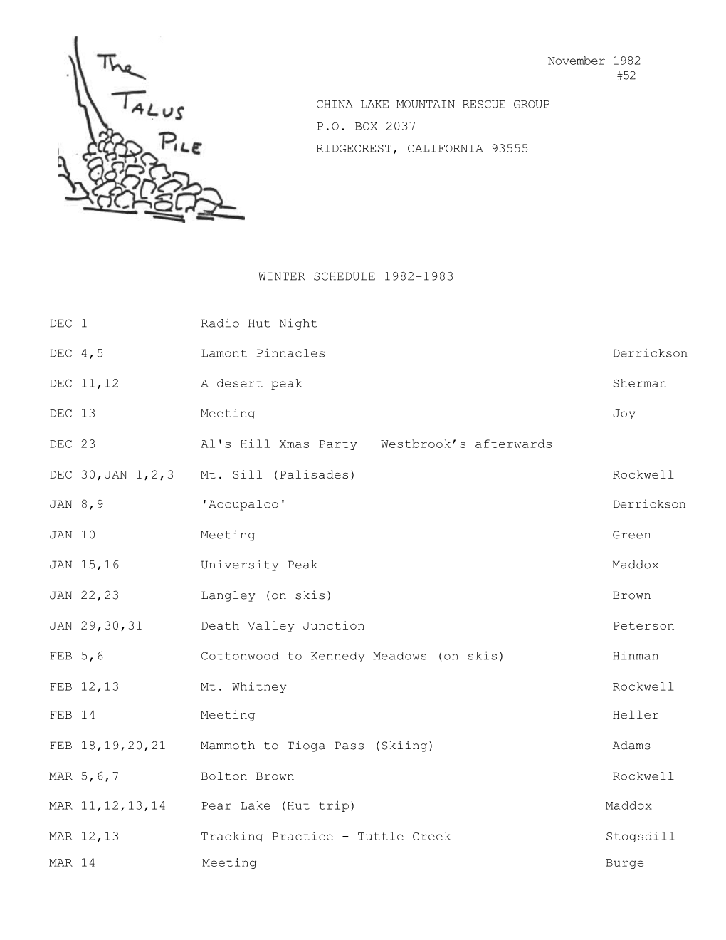 Winter Schedule 1982-1983