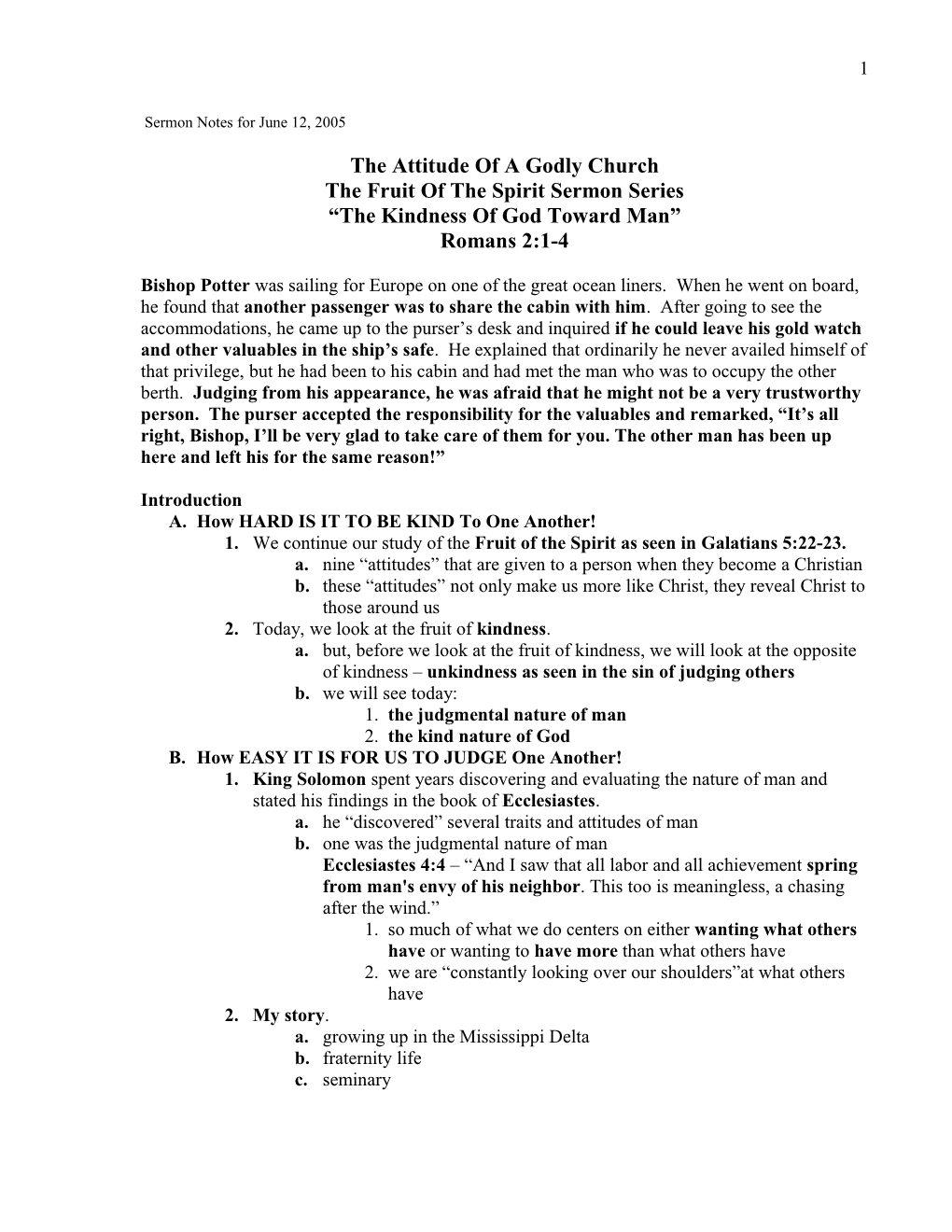 Sermon Notes for June 12, 2005