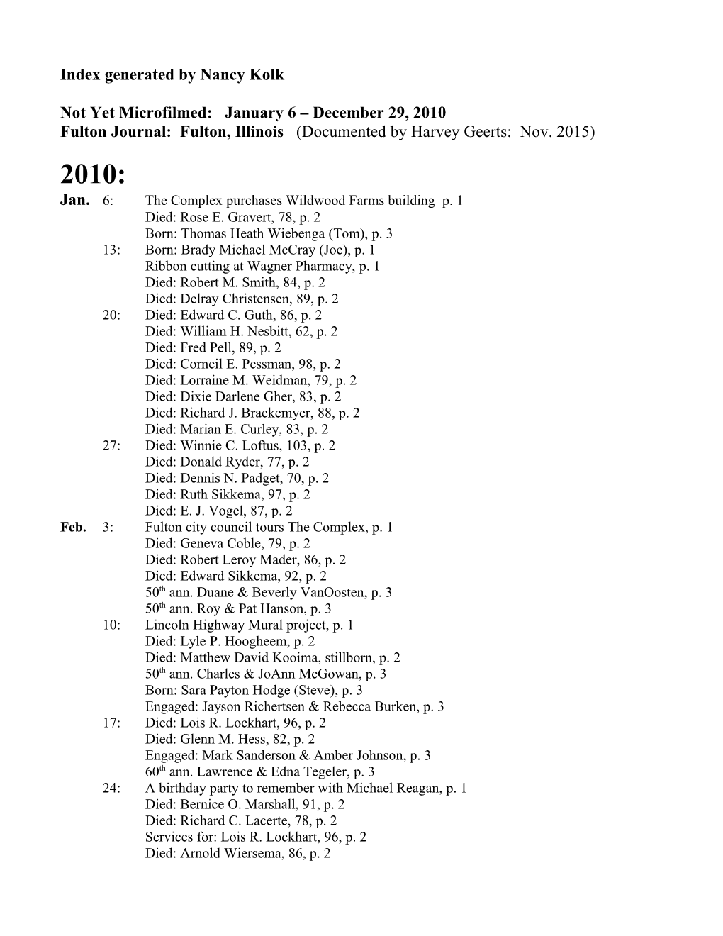 Index Generated by Nancy Kolk