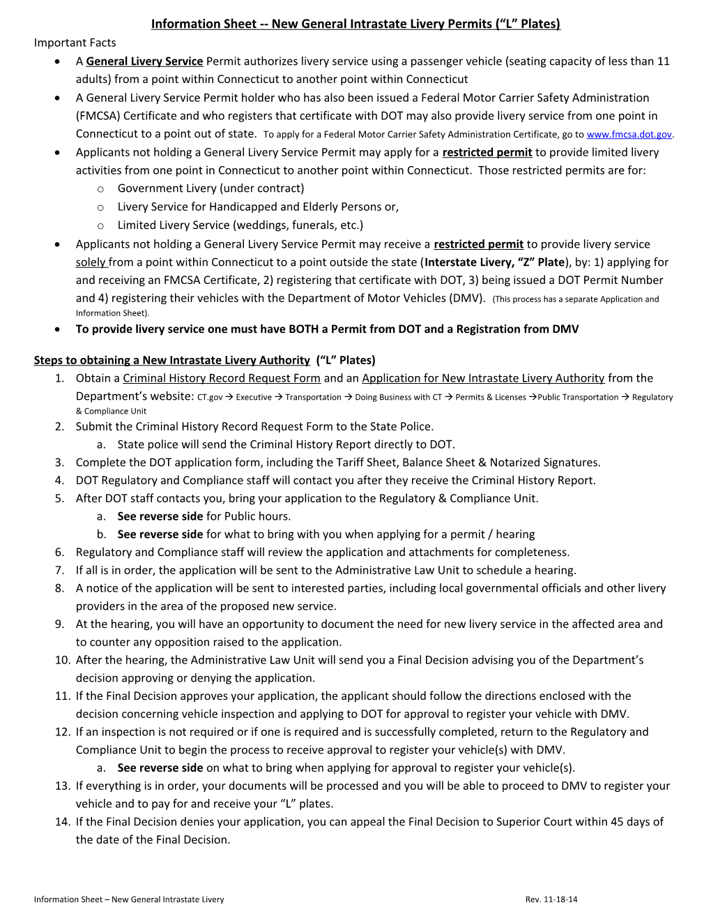 Information Sheet New General Intrastate Livery Permits ( L Plates)