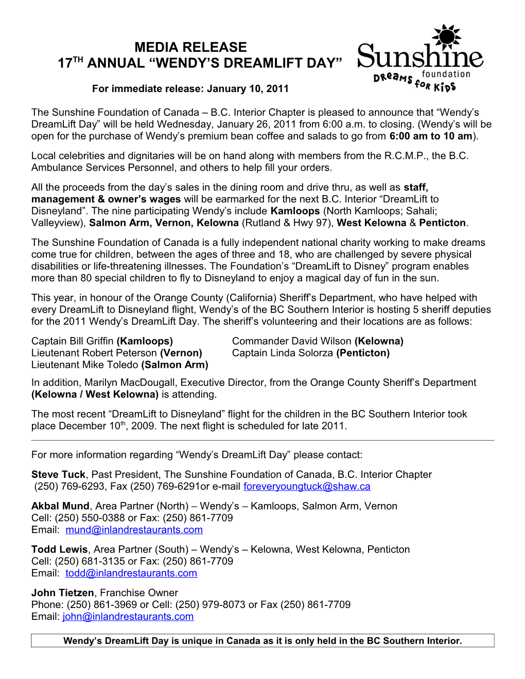 Media Release17th Annual Wendy S Dreamlift Day