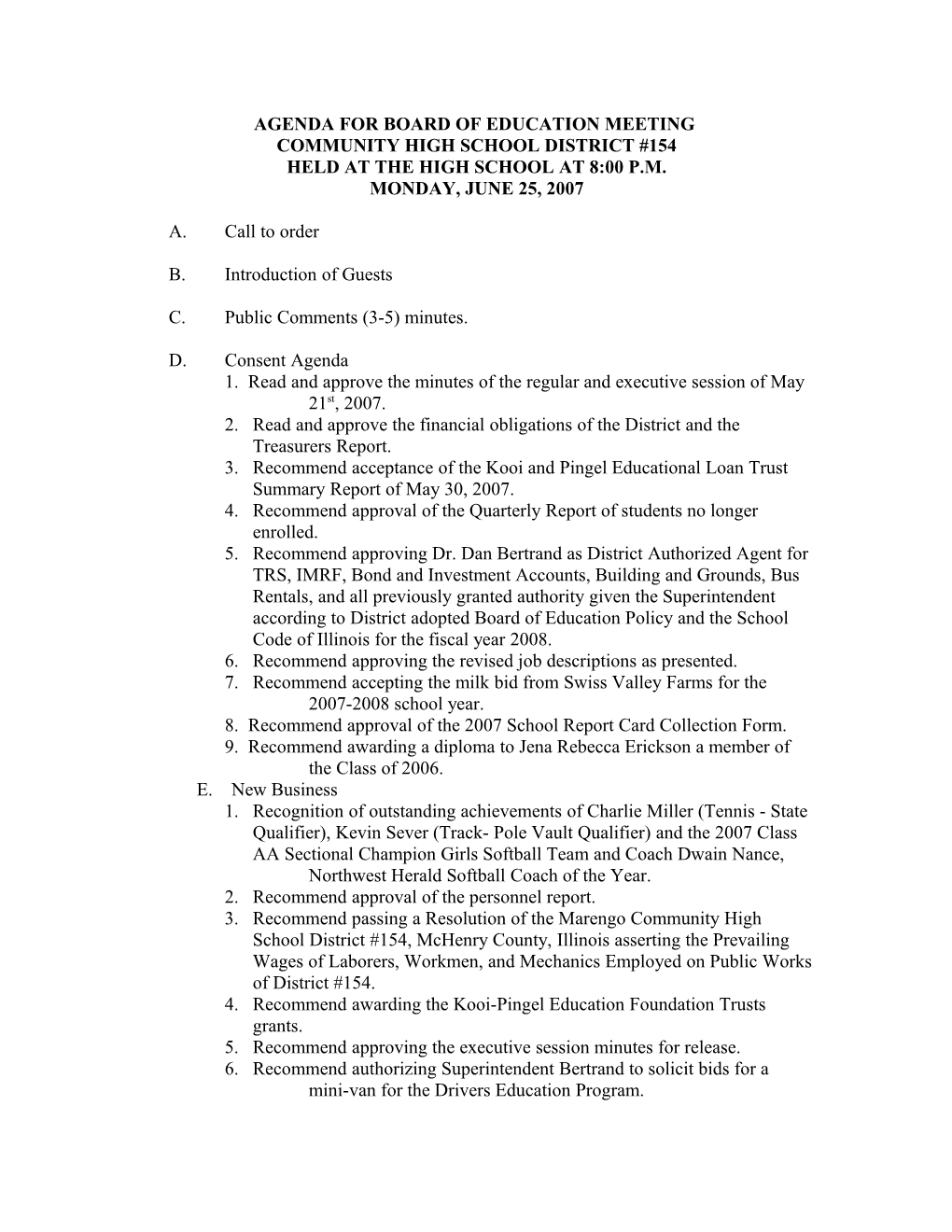 Agenda for Board of Education Meeting