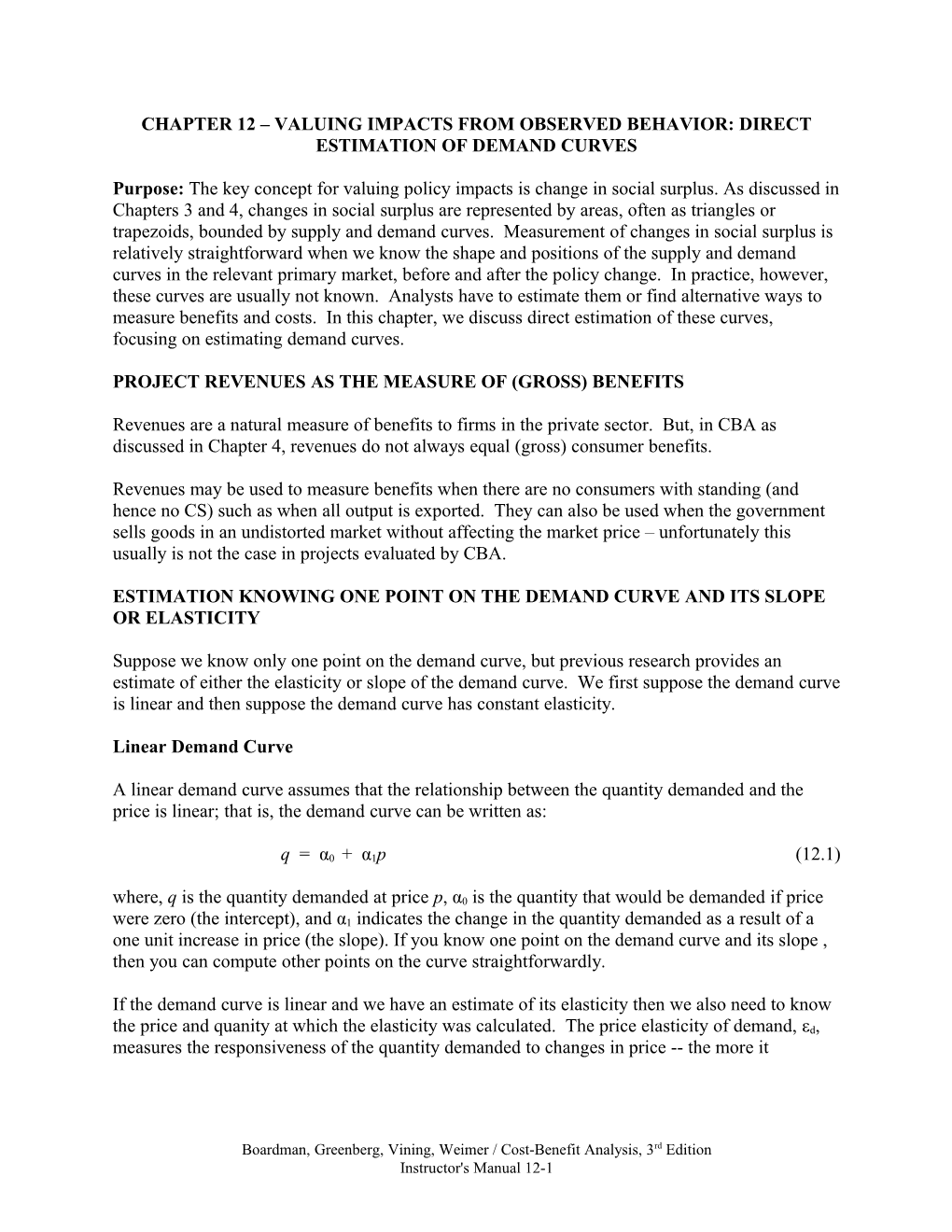 Chapter 12 Valuing Impacts from Observed Behavior: Direct Estimation of Demand Curves