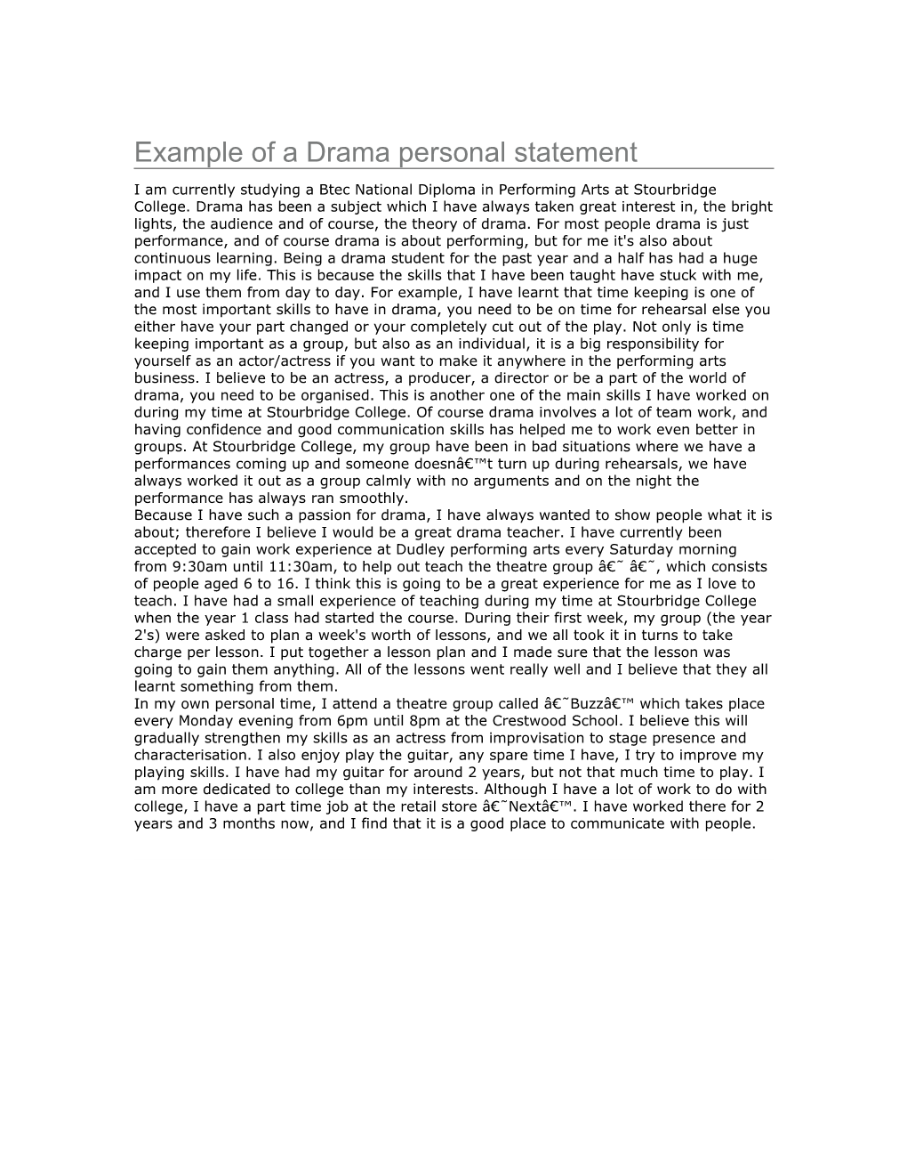 Example of a Drama Personal Statement