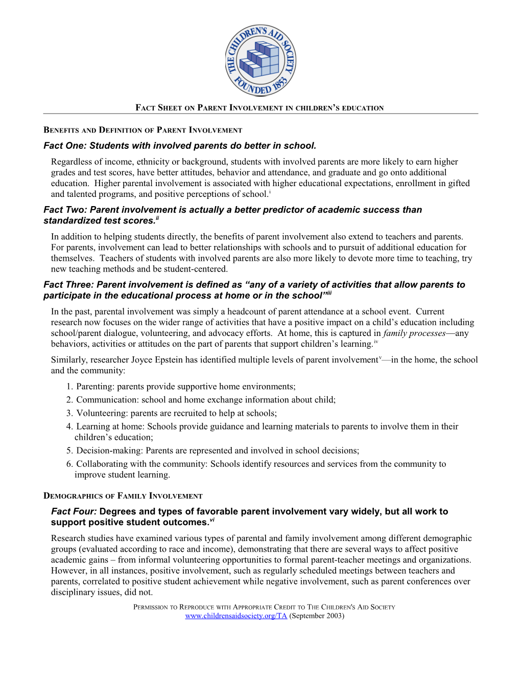 Fact Sheet on Parent Involvement