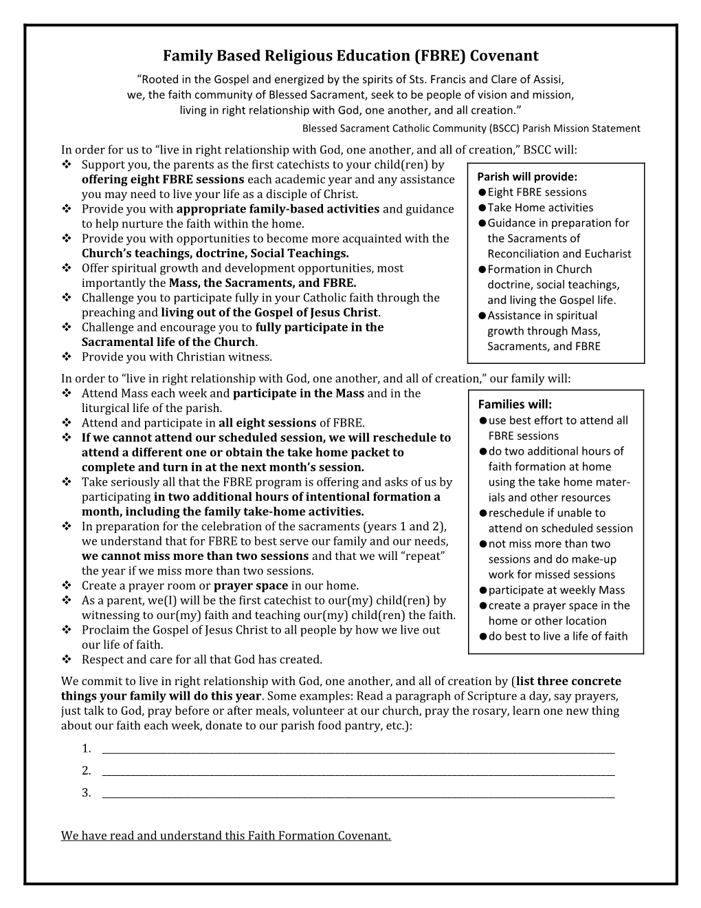 Family Based Religious Education (FBRE) Covenant