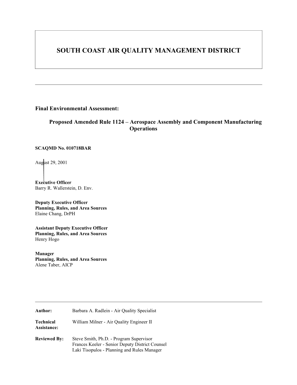 Proposed Amended Rule 1124 Aerospace Assembly and Component Manufacturing Operations