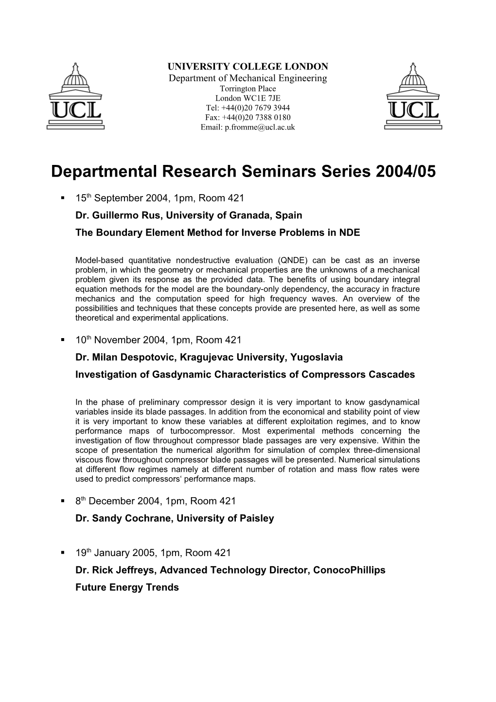 Departmental Research Seminars Series 2004/05