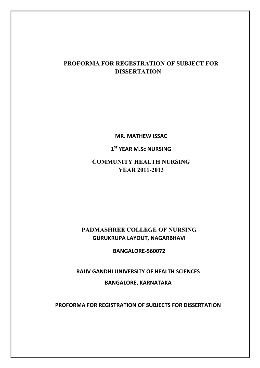 Proforma for Regestration of Subject for Dissertation