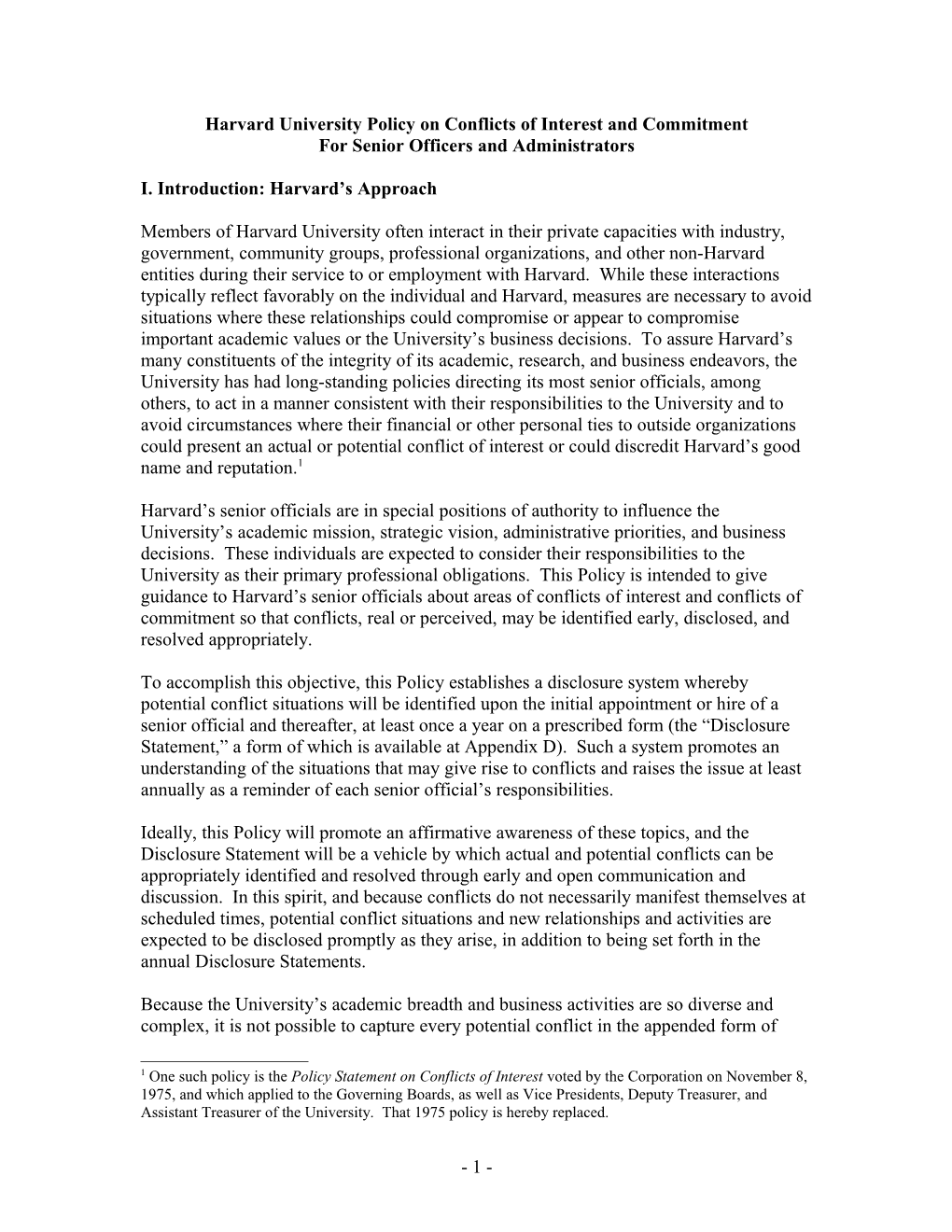 Harvard University Policy on Conflicts of Interest and Commitment for Senior Officers And