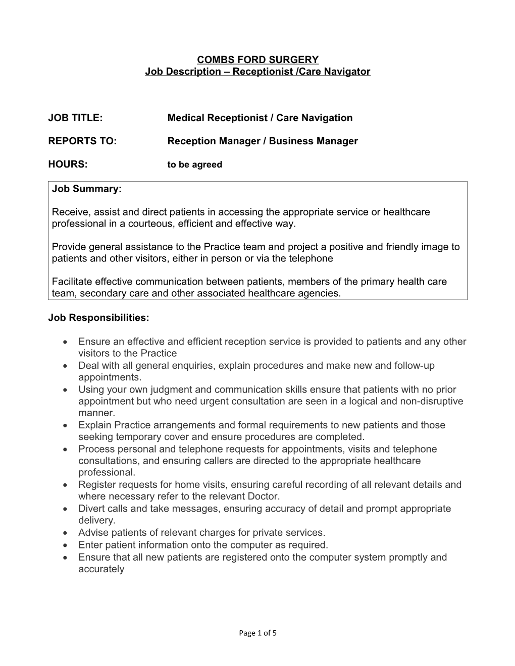 Job Description Receptionist /Care Navigator