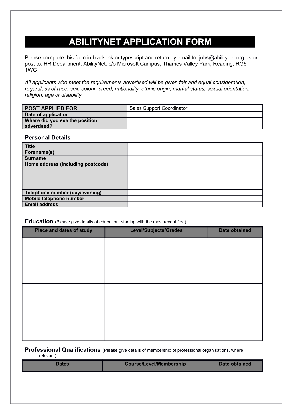 Abilitynet Application Form