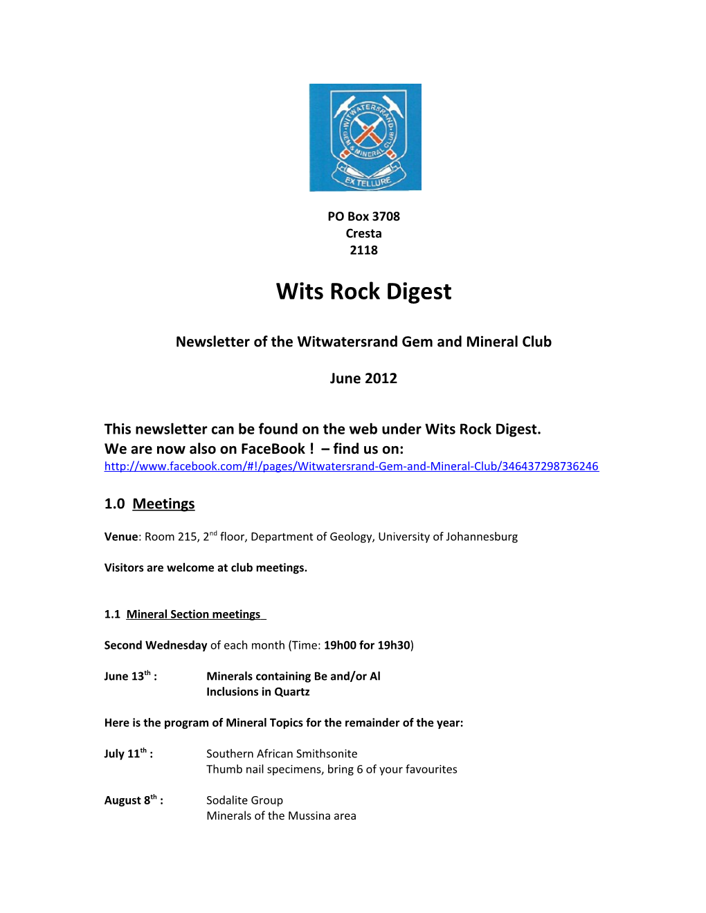 Newsletter of the Witwatersrand Gem and Mineral Club