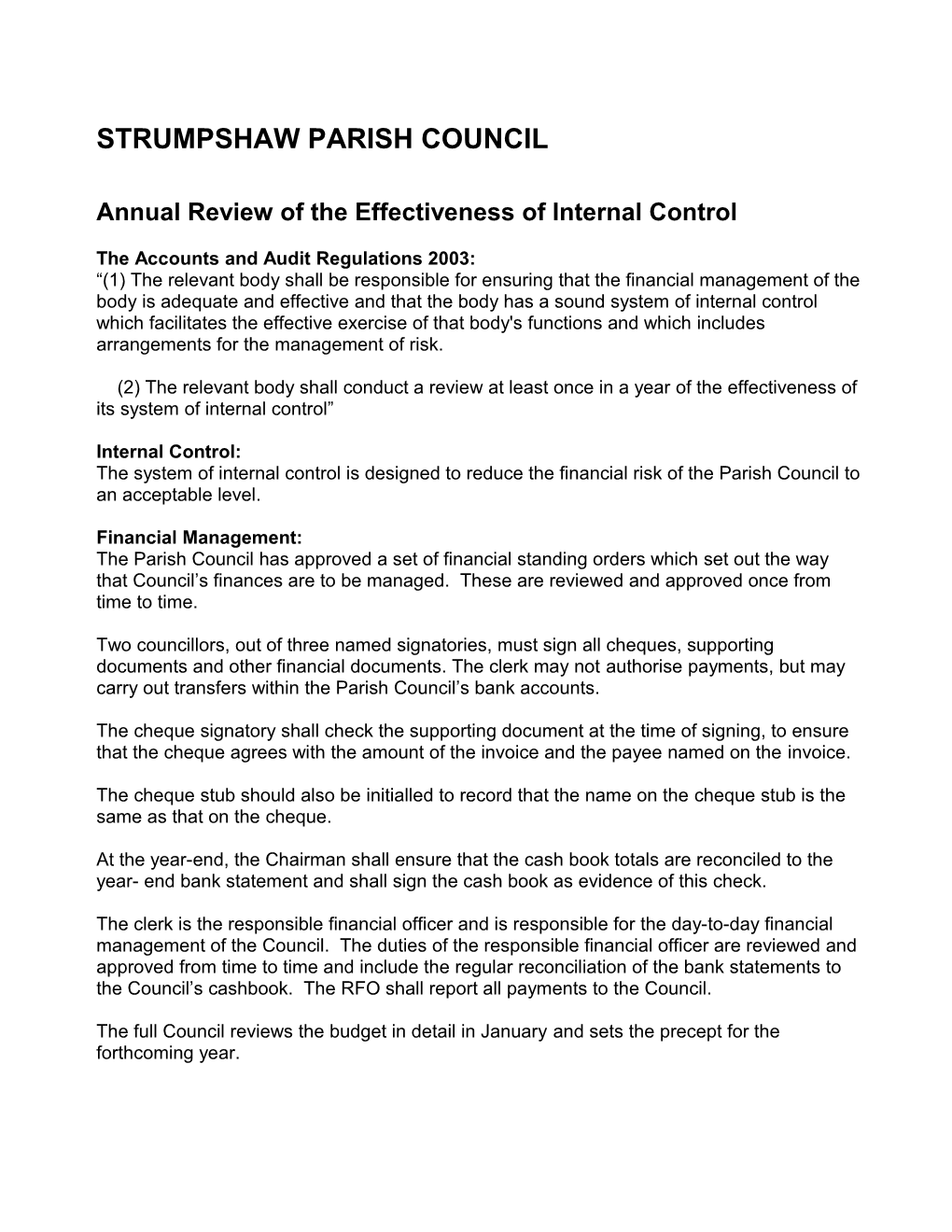 Annual Review of the Effectiveness of Internal Control