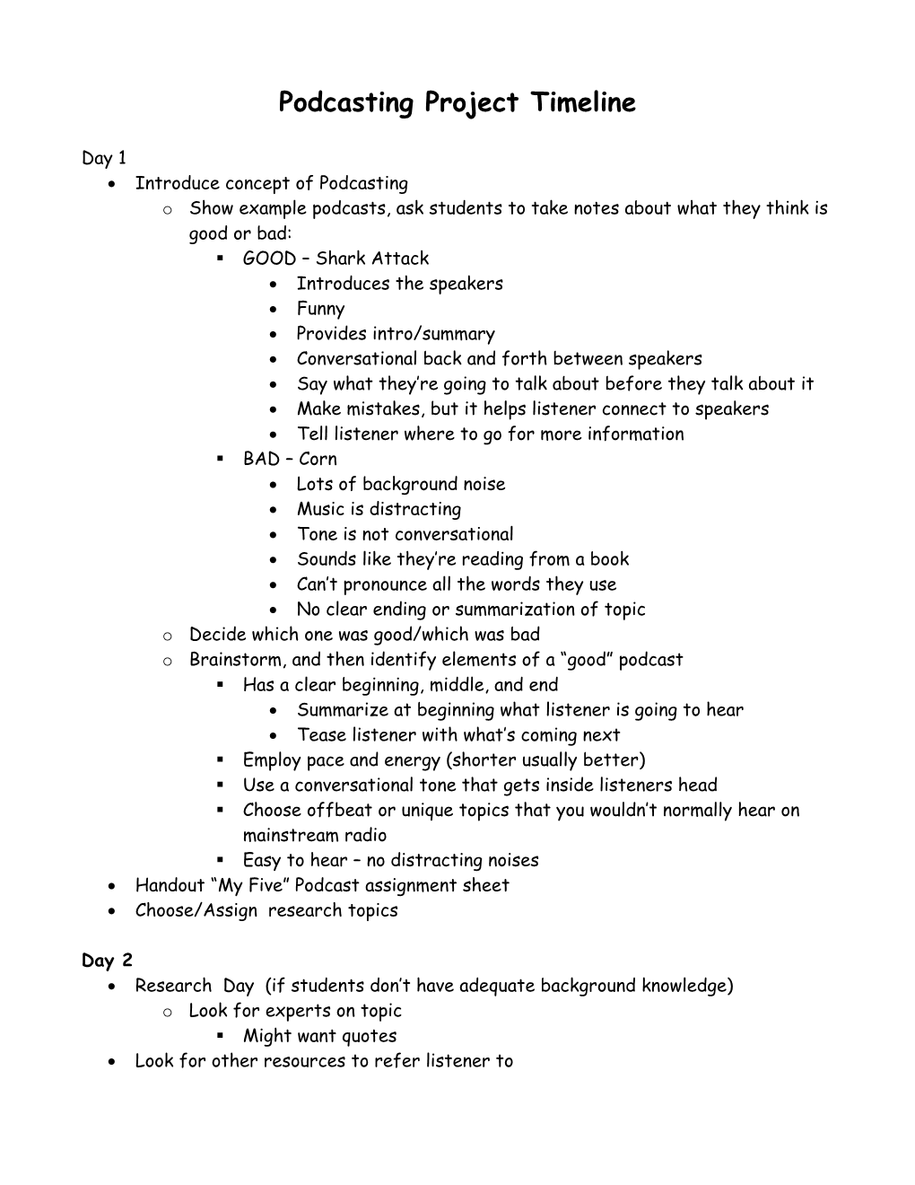 Podcasting Project Timeline