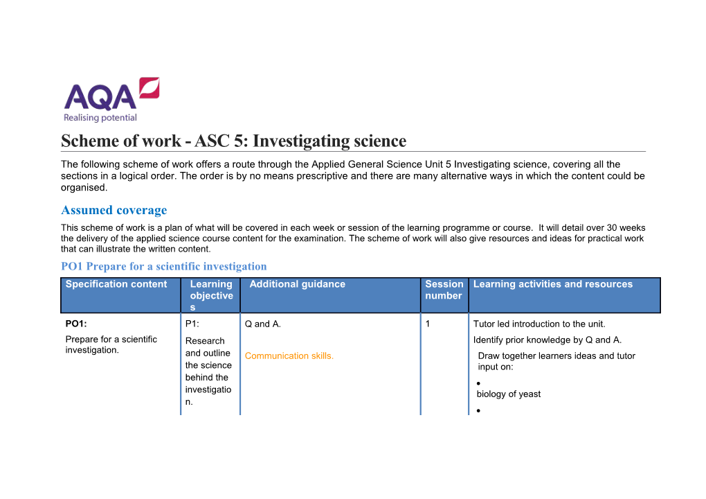 Scheme of Work - ASC 5: Investigating Science