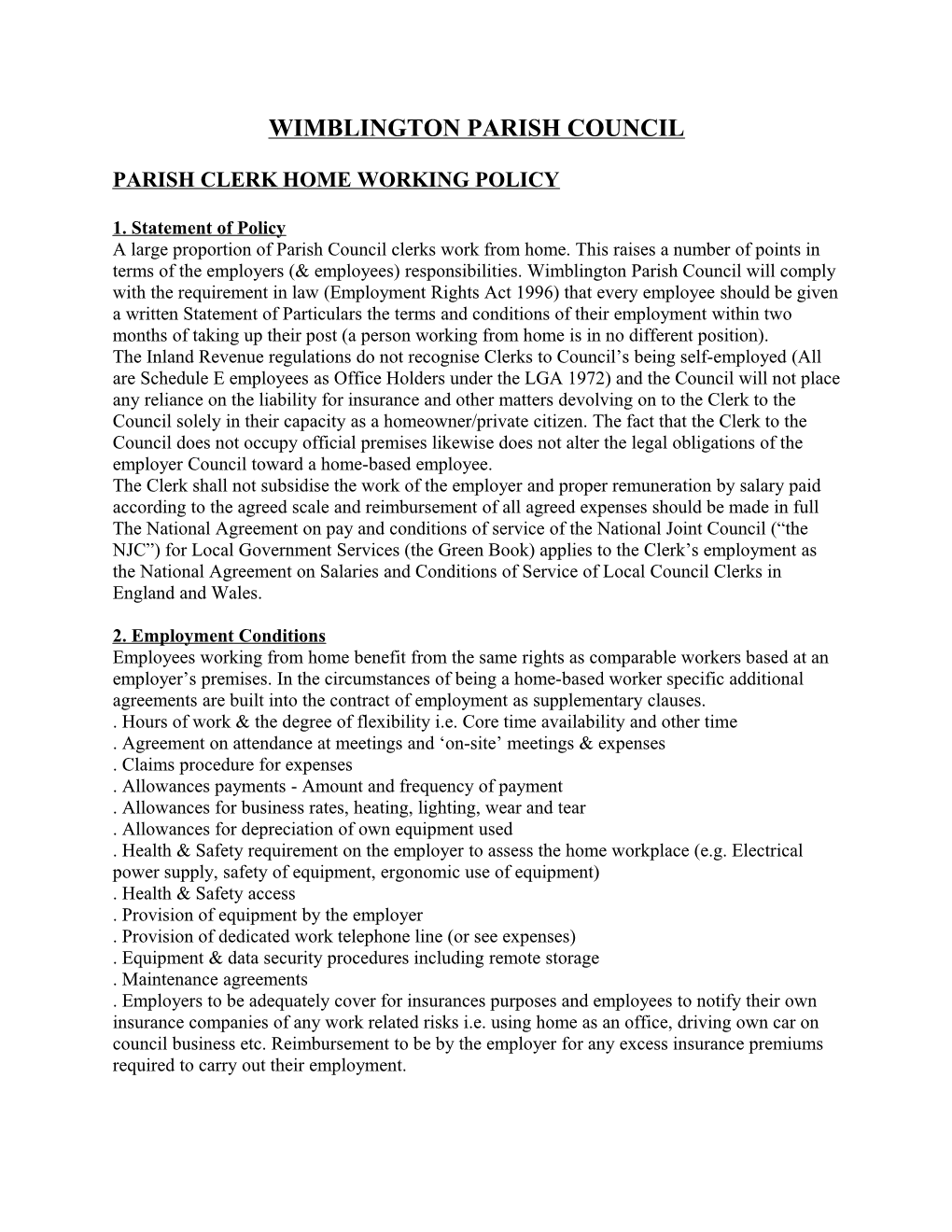 Parish Clerkhome Working Policy