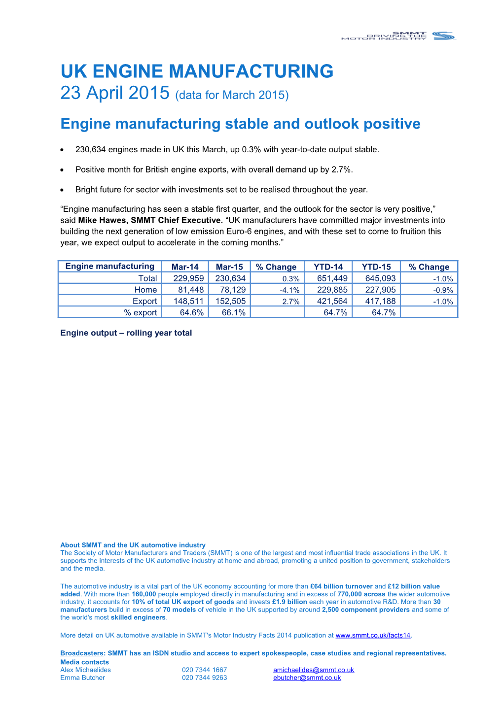 Engine Manufacturing Stable and Outlook Positive