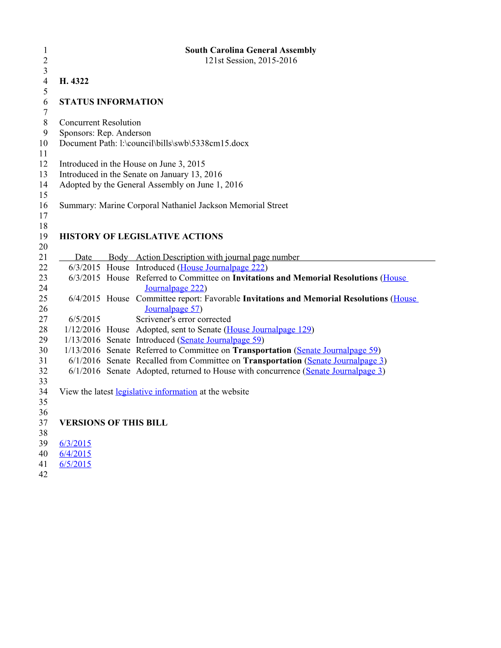 2015-2016 Bill 4322: Marine Corporal Nathaniel Jackson Memorial Street - South Carolina