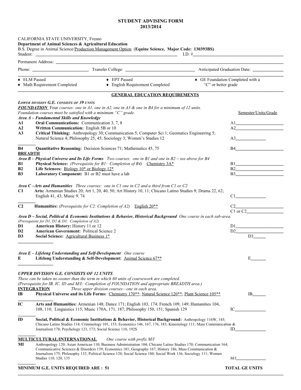 Advising Sheet Equine Science 2008 to Present