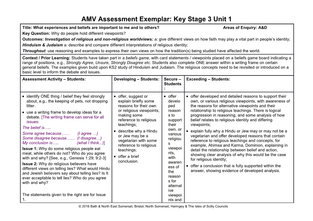 AMV Assessment Exemplar: Key Stage 3 Unit 1