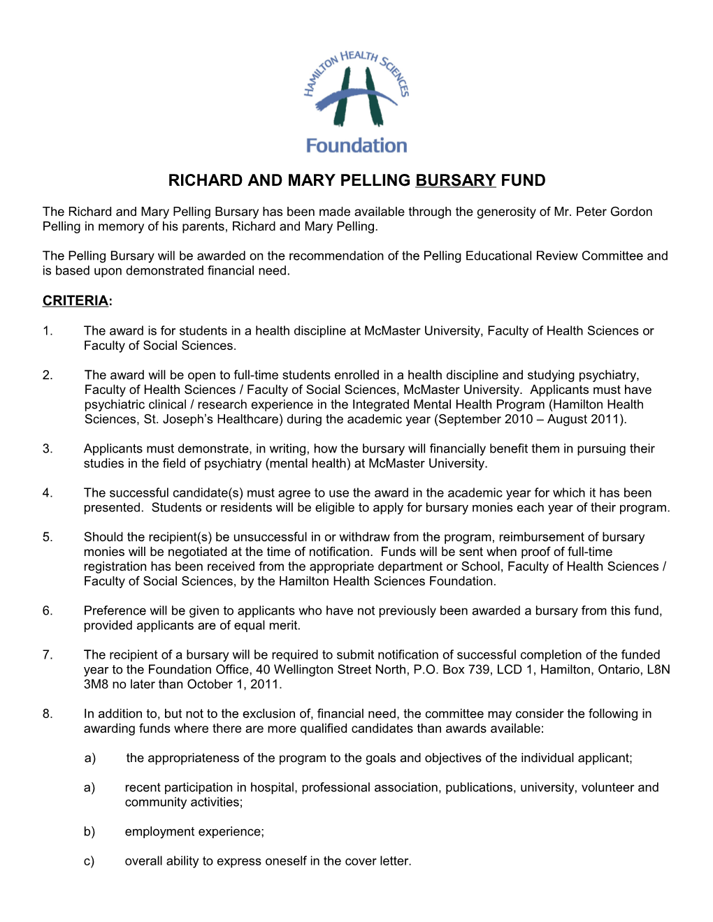 Richard and Mary Pelling Bursary Fund